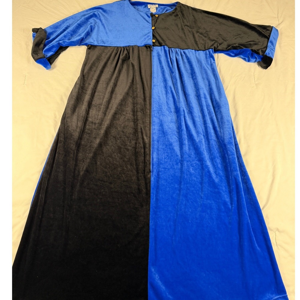 Vintage Chiha Velour Maxi Lounger Dress XL Colorblock Blue Black Made in USA